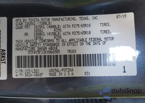 2019 Toyota Tundra 1794 5.7L V8 из США, поврежденный, VIN 5TFAY5F13KX866585